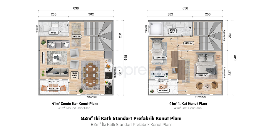 82м² Двуетажна сглобяема къща - Етажен план