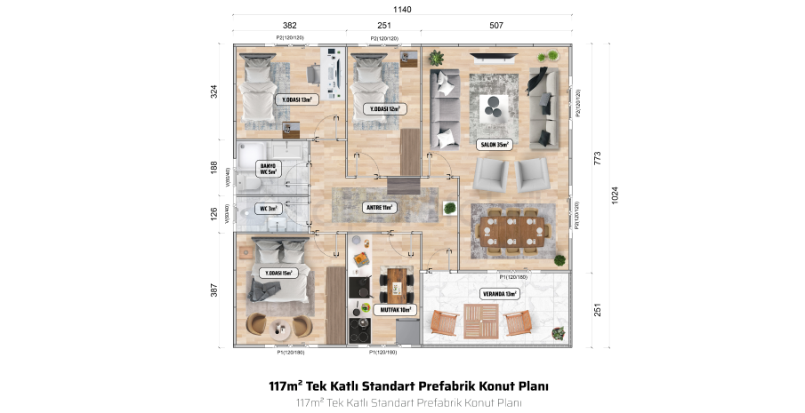 117м² Едноетажна сглобяема къща - Етажен план