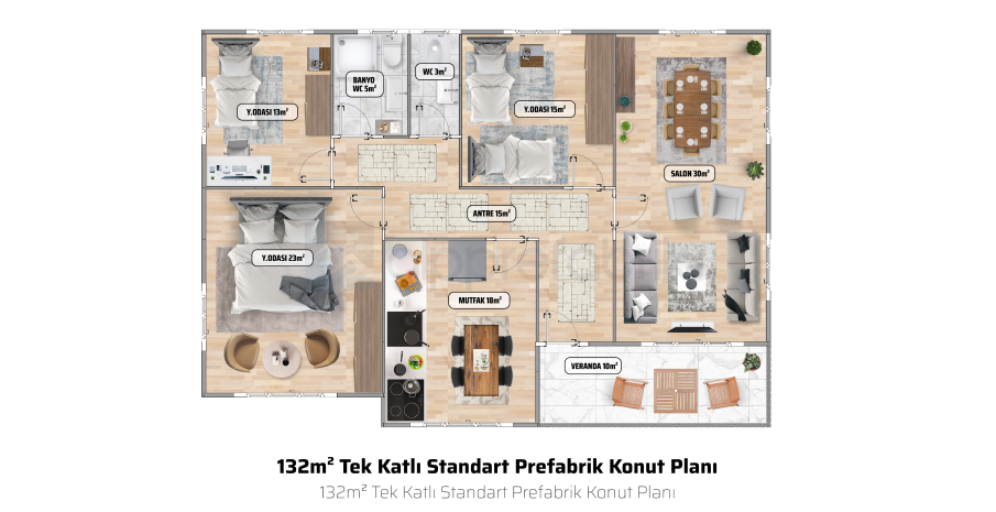 132м² Едноетажна сглобяема къща - Етажен план