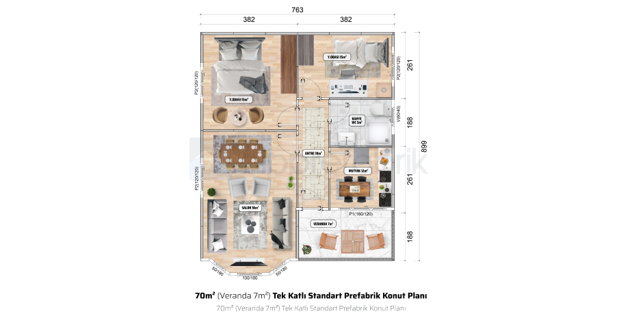70м² Едноетажна сглобяема къща - Етажен план