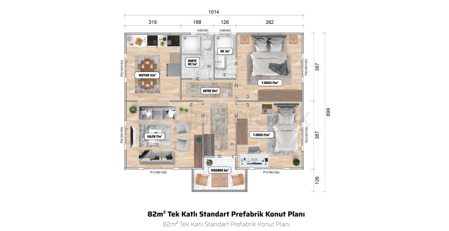 82м² Едноетажна сглобяема къща - Етажен план