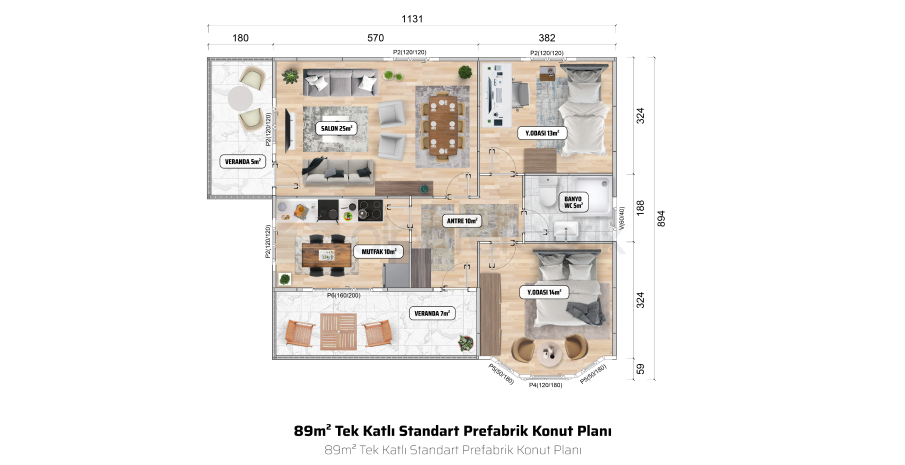 89м² Едноетажна сглобяема къща - Етажен план