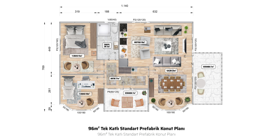 96м² Едноетажна сглобяема къща - Етажен план